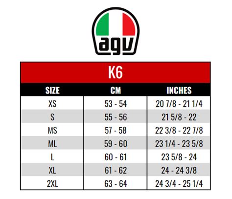 agv k6 size chart.